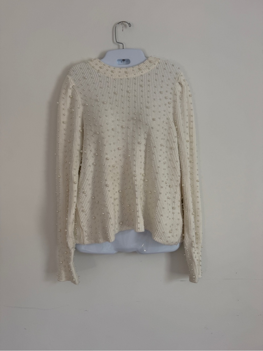 Express Cream Pearl-Accent Ribbed Crewneck Sweater